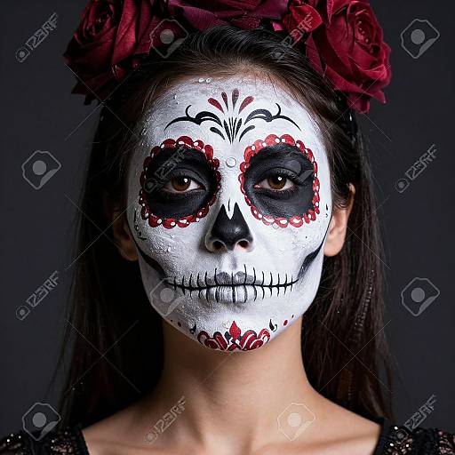 Photograph of a woman with white face paint, black eye sockets, red flower accents, black nose, and black stitch-like mouth, wearing a red