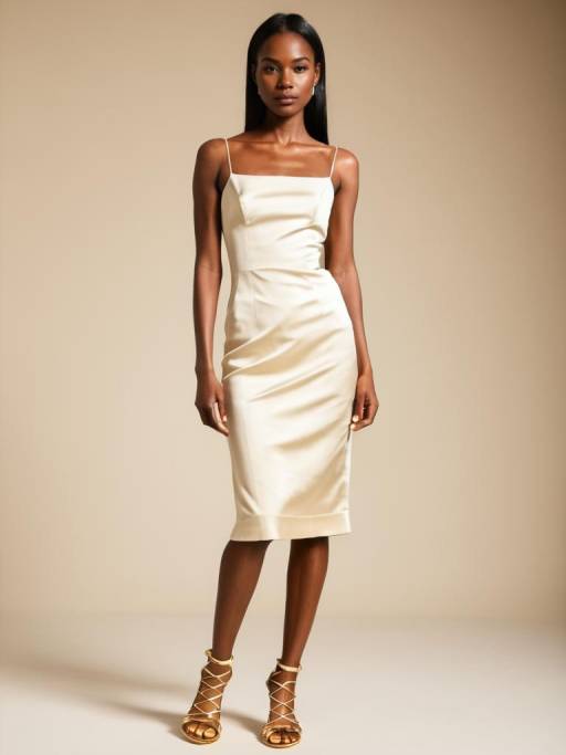 Chic Woman in Cream Silk Evening Gown