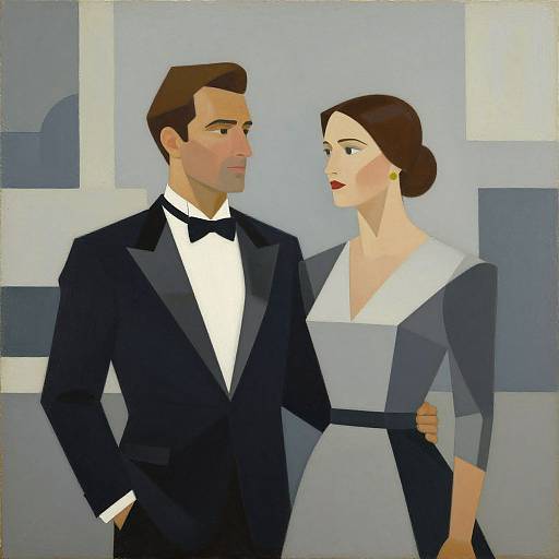 Digital illustration of a brown-haired man in a black tuxedo and a woman with brown hair in a gray dress, standing close, with a geometric