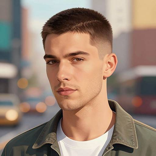 Digital portrait of a young Caucasian man with short, dark brown hair, wearing a green jacket over a white shirt, with a blurred urban background.