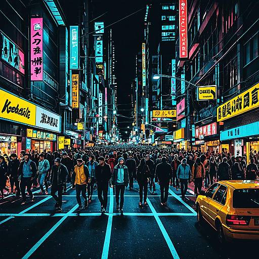 Neon City Night Crowded Street