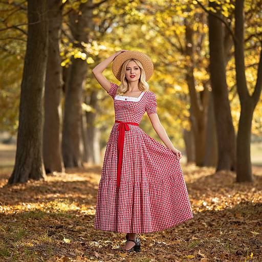 Photograph of a blonde woman in a red and white gingham dress with a red ribbon, straw hat, and black shoes, standing in a sun