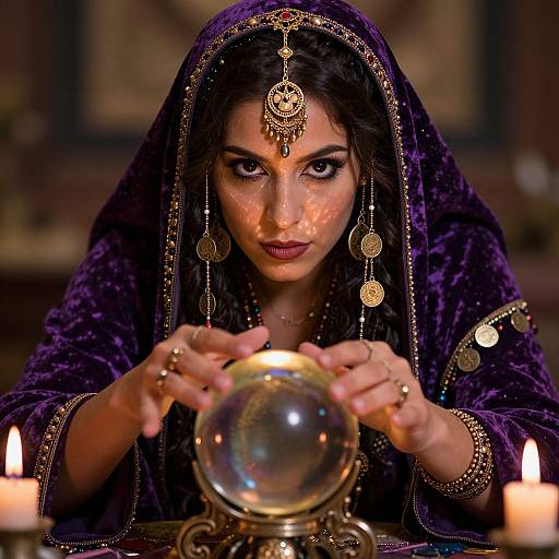 Photograph of a dark-haired woman in a purple velvet burqa with gold jewelry, intensely focusing on a glass orb, surrounded by lit candles in a