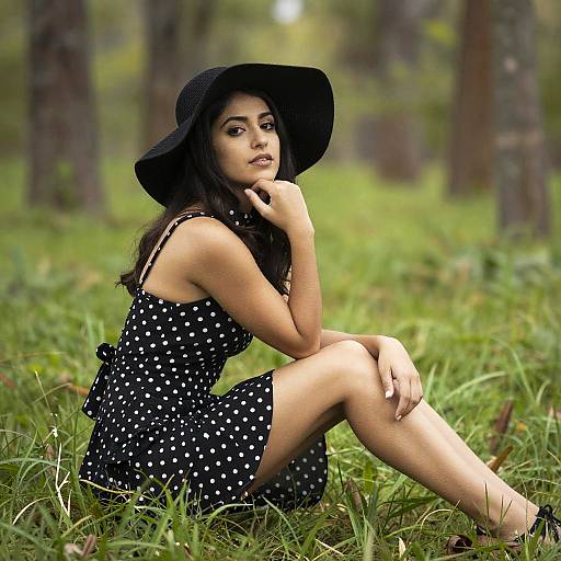 Photograph of a young woman with olive skin, long dark hair, wearing a black polka dot dress and wide-brimmed hat, sitting in