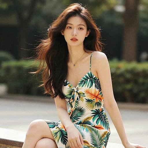 Photograph of an Asian woman with long brown hair, wearing a floral sundress, sitting outdoors on a sunny day. Background includes blurred greenery and