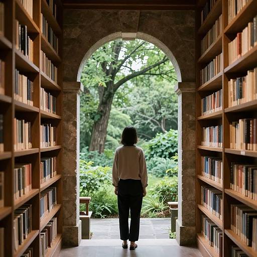 Photograph of a woman with short black hair, wearing a white blouse and black pants, standing in a library aisle, facing an archway with lush