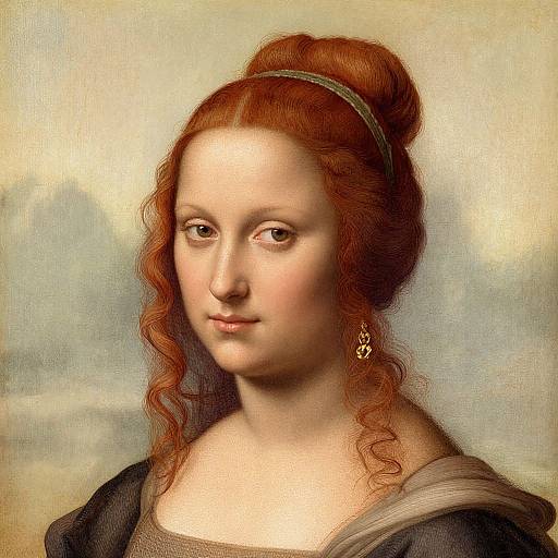 Photograph-style painting of a pale-skinned woman with red, curly hair in a bun, wearing a green headband, earrings, and a dark