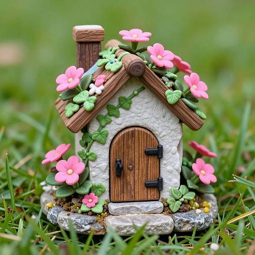 Photograph of a tiny, white stone cottage with brown wooden door and roof, adorned with pink flowers, green leaves, and moss, set on a