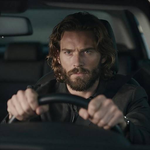 Brooding Driver in Dimly Lit Car