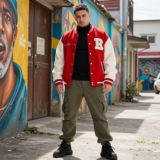 Photograph of a serious man with short dark hair, wearing a red and white varsity jacket, black turtleneck, and olive cargo pants,