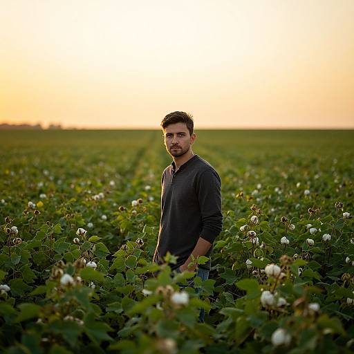 Photograph of a bearded man with dark hair, wearing a black long-sleeve shirt, standing in a lush cotton field at sunset.