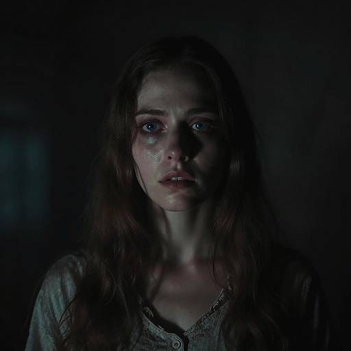 Dark, dramatic photograph of a young woman with long brown hair, tear-streaked face, and blue eyes, illuminated from below, wearing a worn