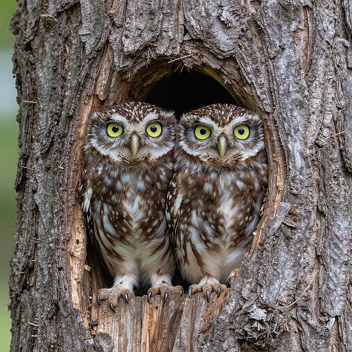 Adorable Owlets Peeking from Tree Cavity
