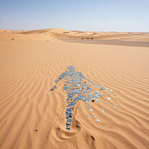 Photograph of a sunlit desert with rippled sand dunes and a trail of scattered, reflective blue shards leading into the distance.