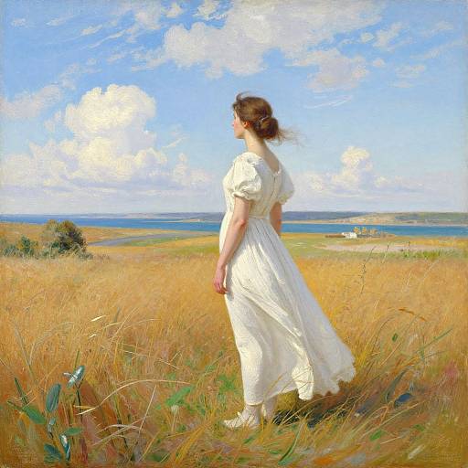 Photograph-style painting of a woman in a flowing white dress, standing in a golden grass field, facing away, under a bright blue sky with white