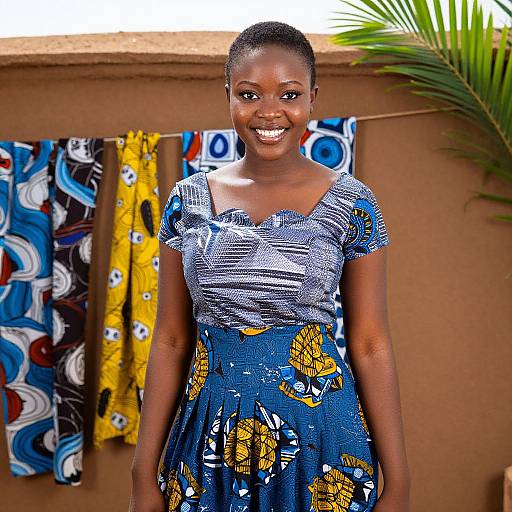 Photograph of a smiling Black woman with short hair, wearing a blue, patterned dress, standing in front of colorful fabric hangings against a brown