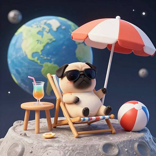 CGI image of a pug in sunglasses, lounging on a moon chair under a red-and-white umbrella, with a beach ball, drink,