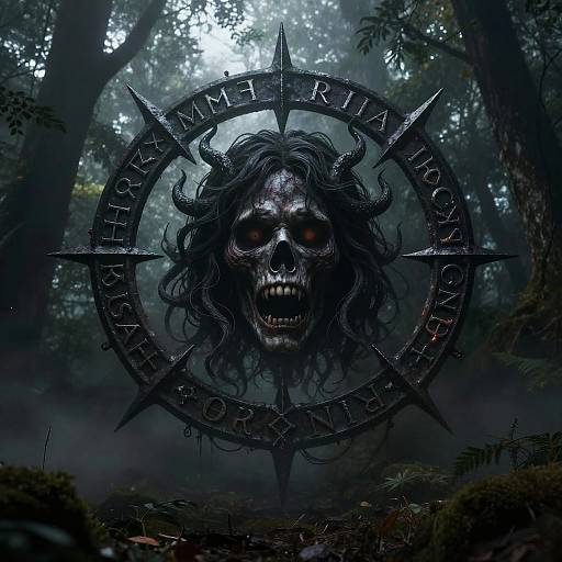 Digital artwork of a menacing skull with black, wild hair and red eyes, surrounded by a spiked circular emblem in a dark, foggy forest. Text
