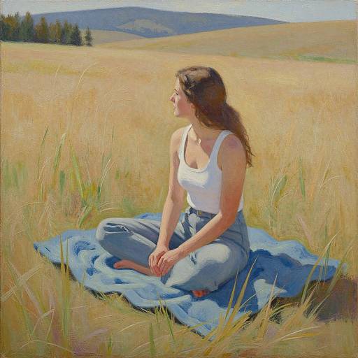 Young woman with long brown hair, wearing a white tank top and blue jeans, sits cross-legged on a blue blanket in a sunlit, golden grass