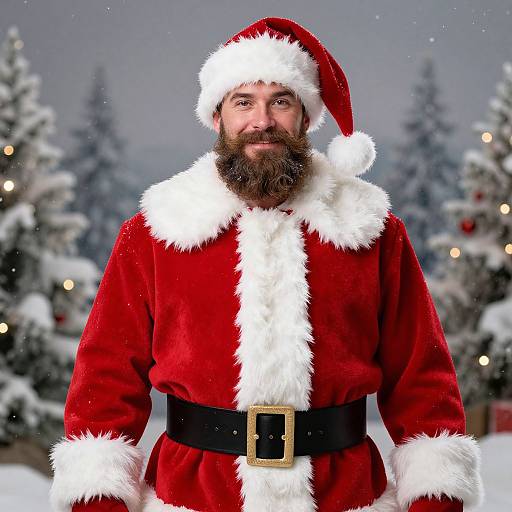 Photograph of a bearded man in a red Santa Claus outfit with white fur trim, black belt, and gold buckle, standing in a snowy,