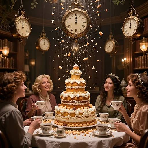 Photograph of four women celebrating around a tiered, cream-frosted cake, surrounded by hanging vintage clocks, with confetti falling, in a