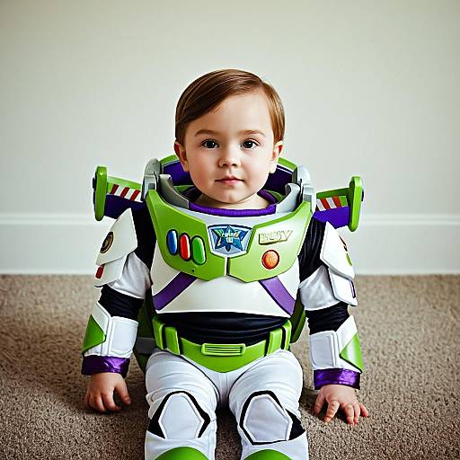 Photograph of a young boy with fair skin and brown hair, sitting on carpet, wearing a detailed Buzz Lightyear costume, green and white spacesuit