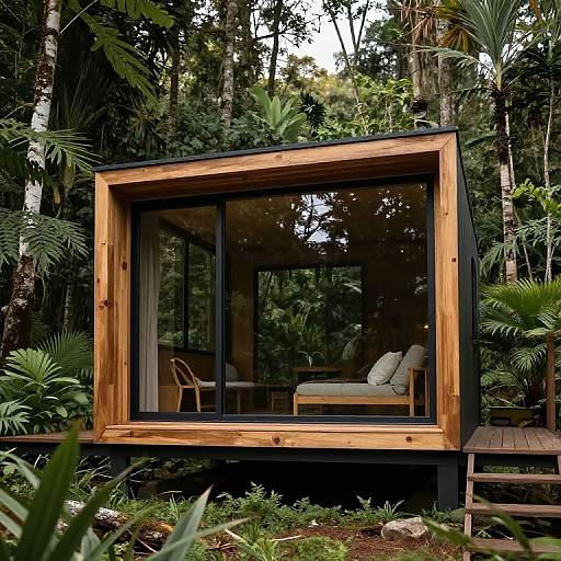 Photograph of a modern, wooden-framed, glass-paneled cabin nestled in a lush, tropical forest with palm trees and foliage. Inside, a
