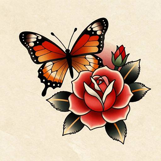 Vibrant Rose and Butterfly Tattoo
