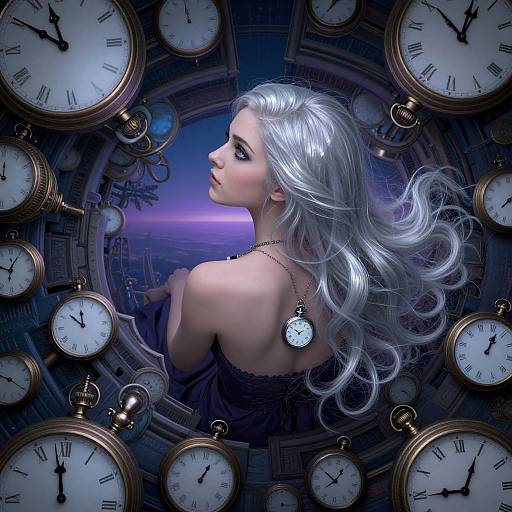 Digital art: Silver-haired woman with wavy hair, back turned, surrounded by gold pocket watches, twilight sky visible through clock circle.