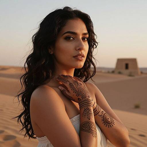 Photograph of a beautiful South Asian woman with long, wavy black hair, wearing intricate henna on her hands, against a desert sunset backdrop with
