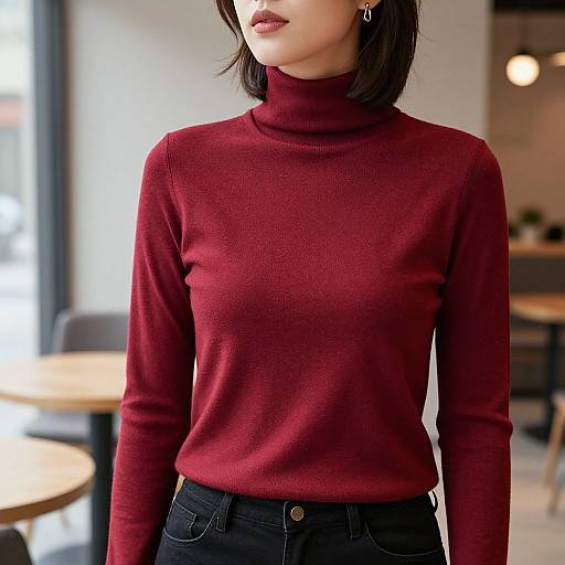 Photograph of an Asian woman with shoulder-length black hair, wearing a red turtleneck sweater and black jeans, standing in a bright, modern cafe