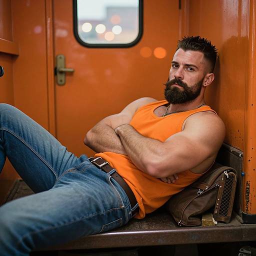 Photograph of a muscular, bearded man with short, spiky black hair, wearing an orange tank top and blue jeans, leaning against an orange