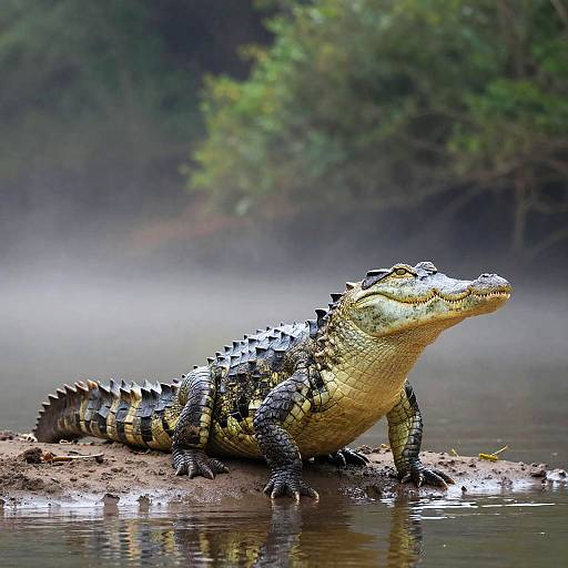 Photograph of a large, green and black alligator with sharp scales and a powerful build, standing on a muddy riverbank with misty, forest