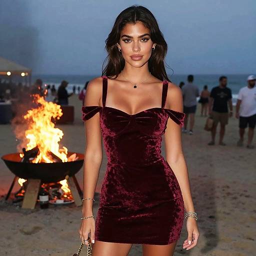 Photograph of a dark-haired woman in a burgundy off-shoulder velvet dress, standing on a beach at dusk, with a fire pit and