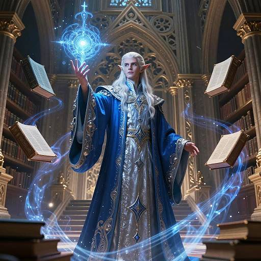 Digital fantasy artwork of an elven wizard in ornate blue and silver robes, casting a glowing blue magic spell in a grand library with arched ceilings