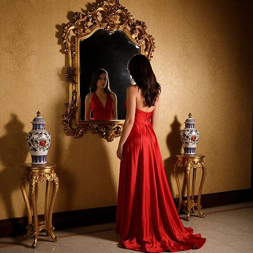 Woman in red, back-facing, elegant gown, gazes at ornate mirror; gold-framed mirror, ceramic vases, textured gold wall,