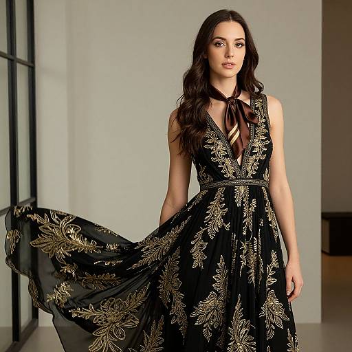 Photograph of a young woman with long dark brown hair, wearing a black dress with gold floral embroidery and a halter neck, standing indoors by a