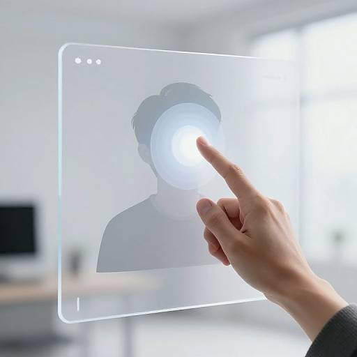 Hand touching transparent digital screen showing silhouetted face, bright white center, in modern, brightly lit office. Photorealistic CGI.