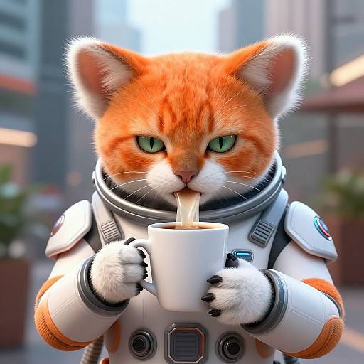 CGI image of an anthropomorphic orange tabby cat in a white space suit, sipping from a white cup in a cityscape background. The