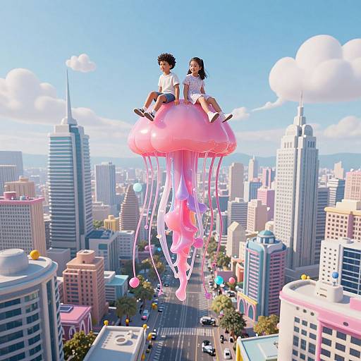 Digital illustration of two children sitting on a pink jellyfish-shaped balloon above a vibrant, sunny cityscape with skyscrapers.