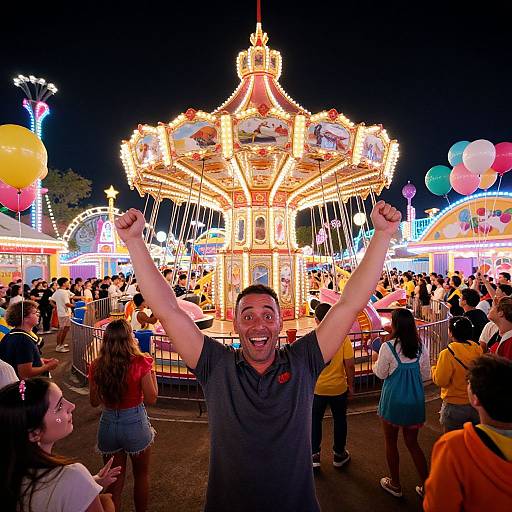 Photograph of a joyful, smiling man with arms raised, standing in front of a brightly lit, colorful carousel at a nighttime carnival, surrounded by people