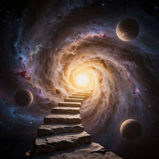 Digital artwork of a glowing, swirling cosmic vortex with a stone staircase leading into it, surrounded by floating planets and nebulae.