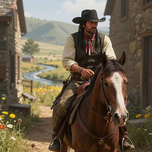 Native Cowboy Riding Horse Through Sunlit Valley