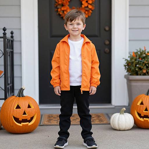 Photograph of a smiling young boy in an orange jacket, white shirt, black pants, and black sneakers, standing in front of a black door with