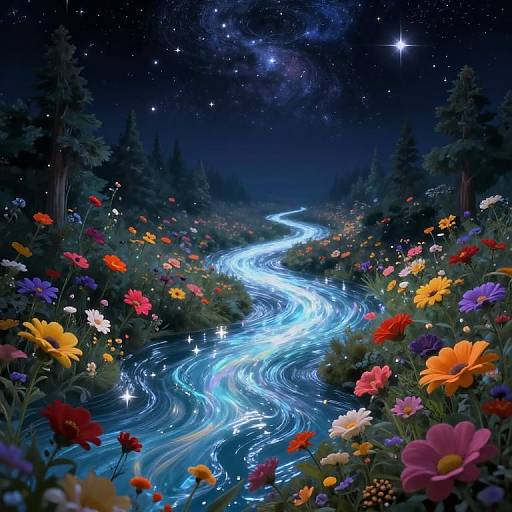 Digital painting of a glowing, winding blue stream through a vibrant, starlit forest filled with colorful flowers under a cosmic night sky.