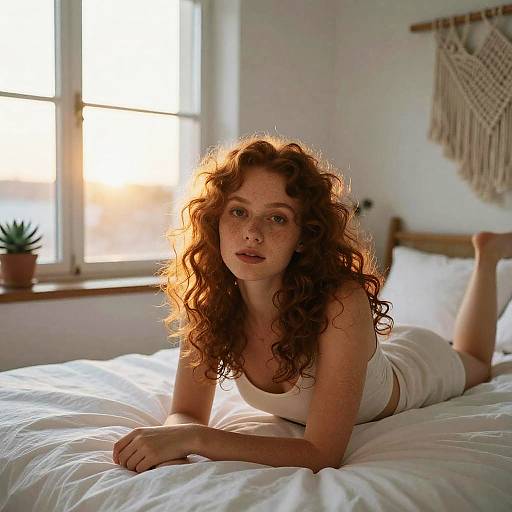 Photograph of a fair-skinned, red-haired woman with curly hair, lying on a white bed, wearing a white tank top and shorts, sunlight