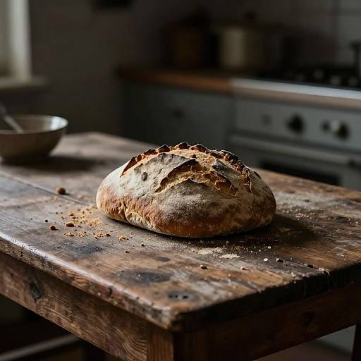 Photograph of a rustic, crumbly loaf of bread on a weathered wooden table in a dimly lit kitchen, with a bowl in the