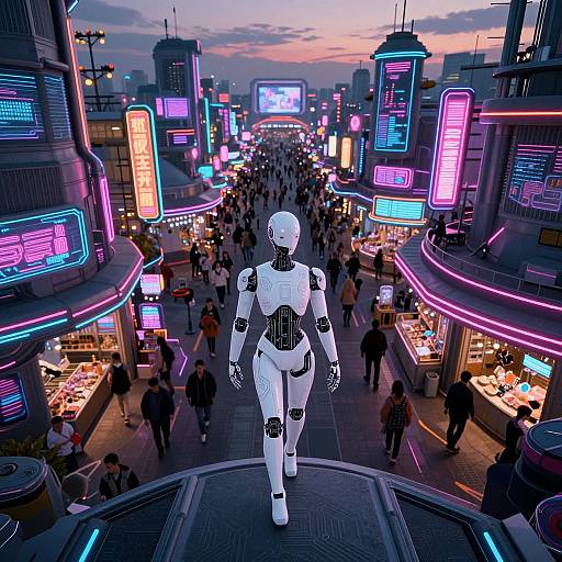 Neon-lit futuristic city street at twilight, crowded with people. Central white humanoid robot walks down the middle, surrounded by vibrant neon signs and bustling