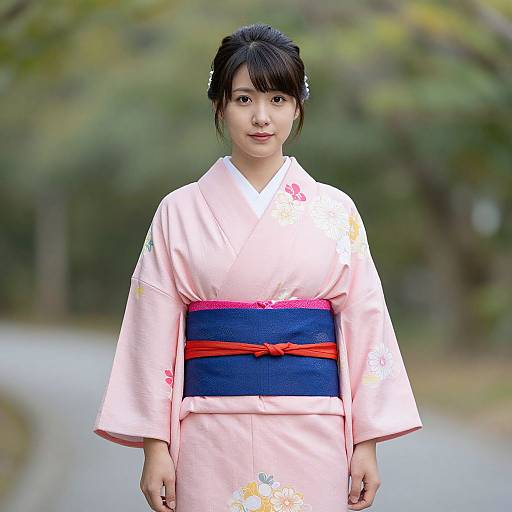 Photograph of an East Asian woman in a pink kimono with blue and red obi, standing in a blurred forest path.