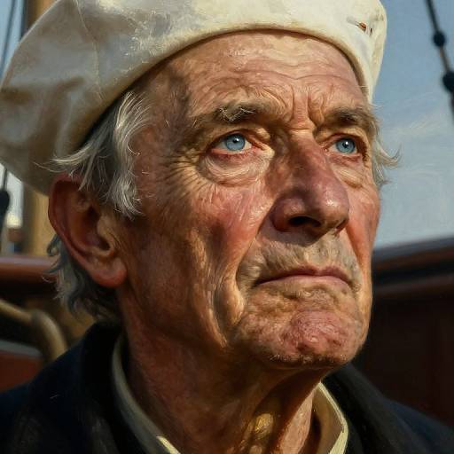 Close-up photograph of an elderly man with deep wrinkles, blue eyes, and a white beret, looking upwards with a contemplative expression. Sunlight